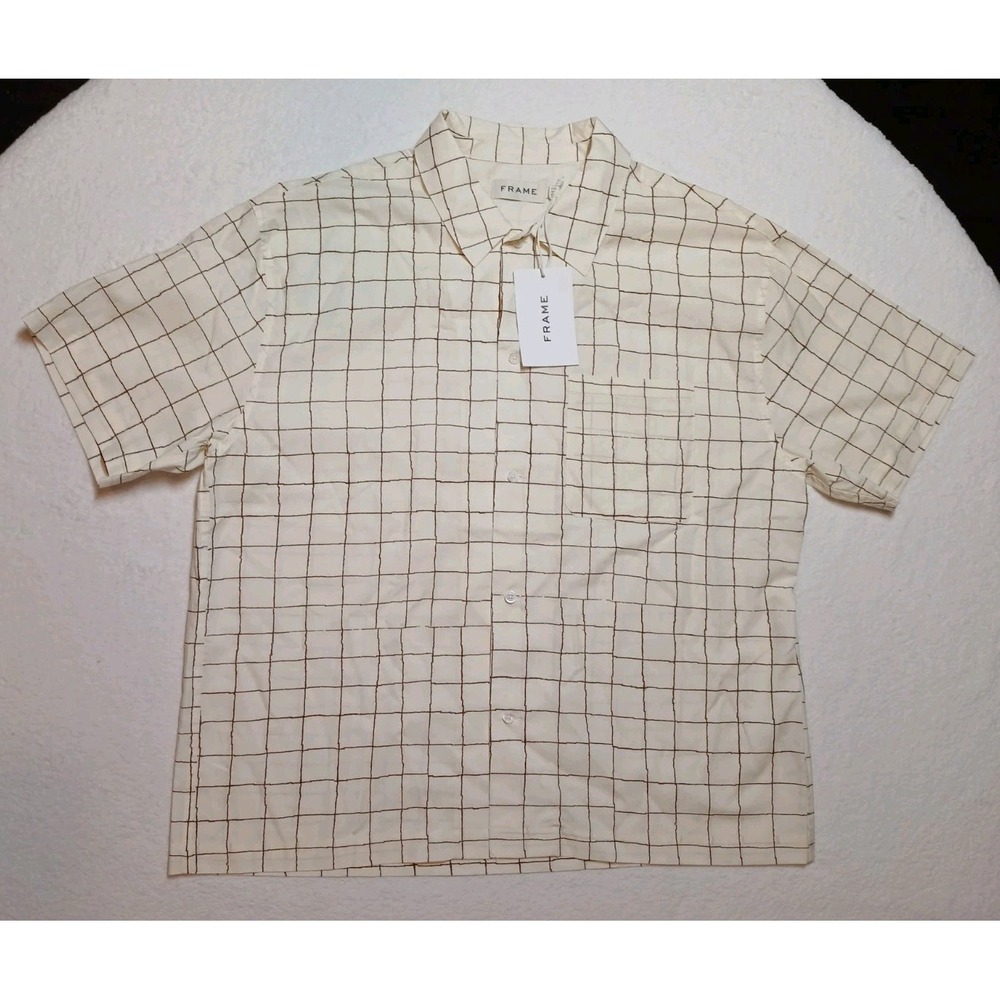 NWT FRAME Men's Vintage Print Camp Shirt Cream Grid Short Sleeve Size M $248